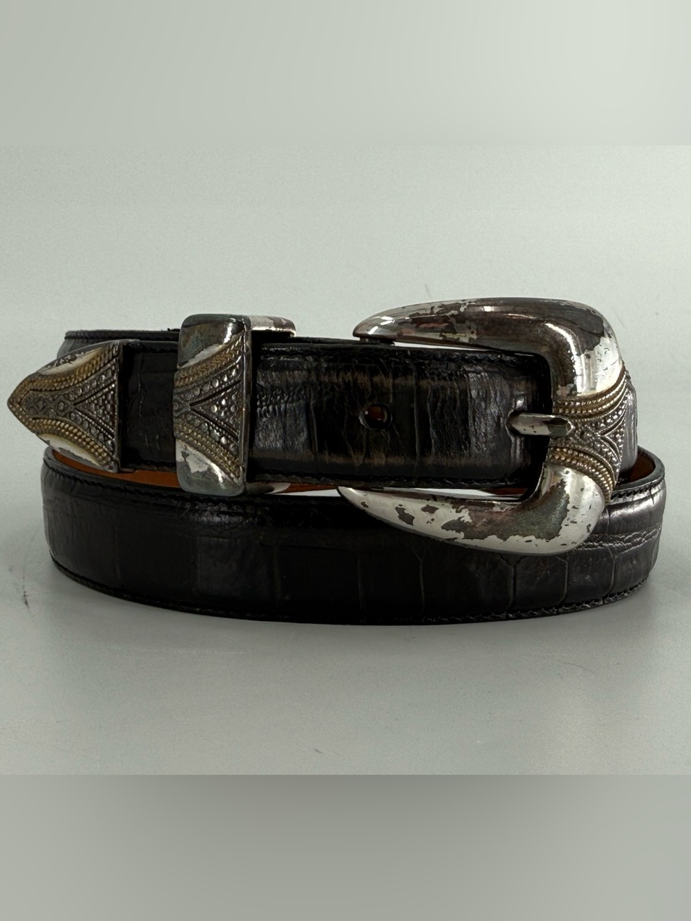 Vintage Croc Embossed Black Italian Leather Belt M